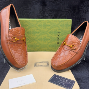 Gucci Brown Designer Loafers with embossed Logo
